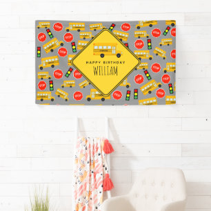 Lona Yellow School Bus Stop Rótulo Traffic Light Cumple