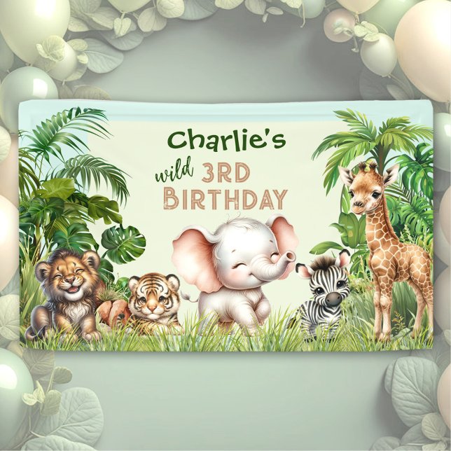 Lona ZOOLÓGICO de selva safari animales salvajes tercer (Safari Jungle ZOO Cute Animals Wild 3rd Birthday Banner)