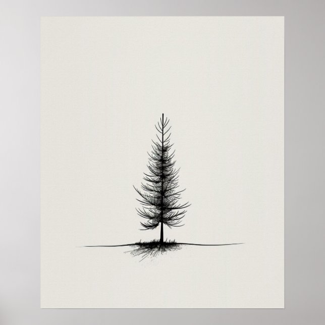 Lone Pine Tree arte moderno de línea negra minimal (Frente)