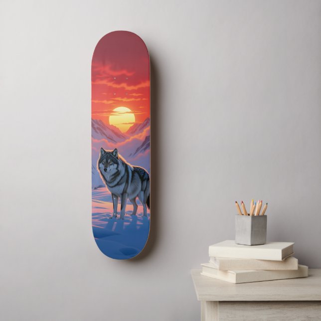 Lone Wolf Stands Against The Sunset Skateboard (Arte de la pared)