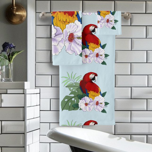 Loro Guacamayo Rojo Floral Hibisco Tropical Blanco (Subido por el creador)