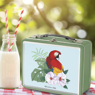 Loro Guacamayo Rojo Floral Hibisco Tropical Blanco
