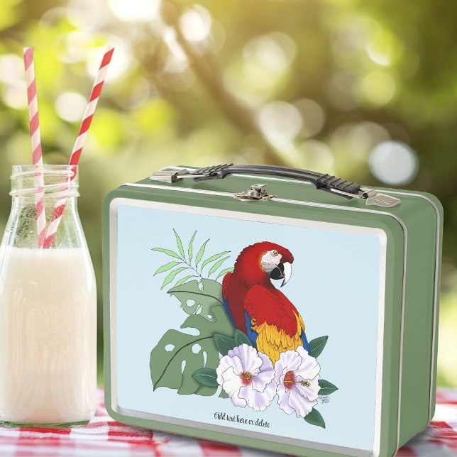 Loro Guacamayo Rojo Floral Hibisco Tropical Blanco (Subido por el creador)