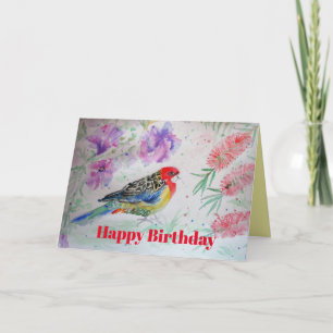 Loro Rosella con tarjeta de cumpleaños del cepillo