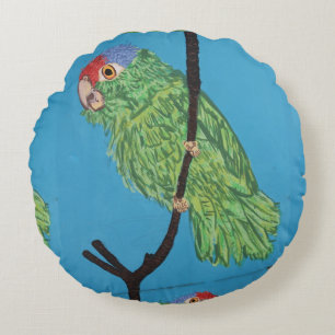 loros verdes en almohada azul de lanzamiento redon