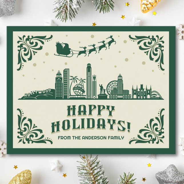 Los Ángeles, CA Skyline, tarjeta postal feliz de v ("happy holidays" Los Angeles, CA skyline holiday christmas postcard modern design Santa green)