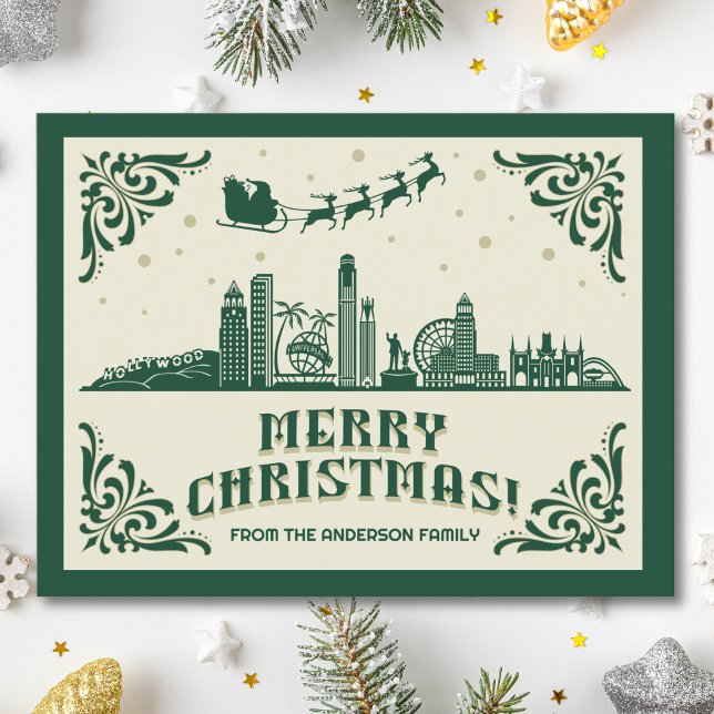 Los Ángeles, tarjeta postal de vacaciones para Nav (Los Angeles, CA skyline christmas card green modern merry christmas postcard with custom details)