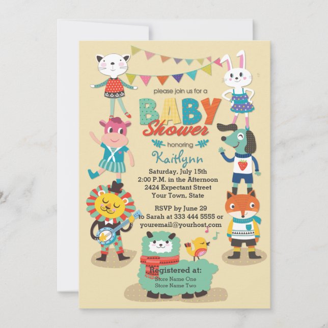 Los animales celebran la invitación de Baby Shower (Anverso)