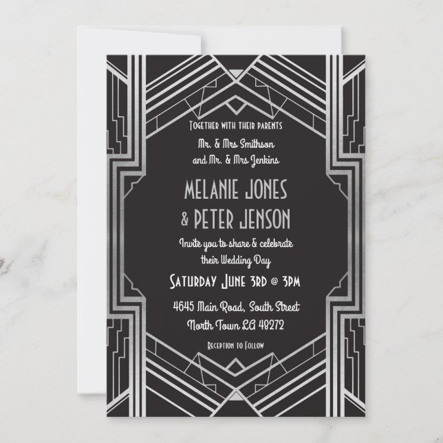 Los años 20 de la invitación de la boda negros y (Anverso)