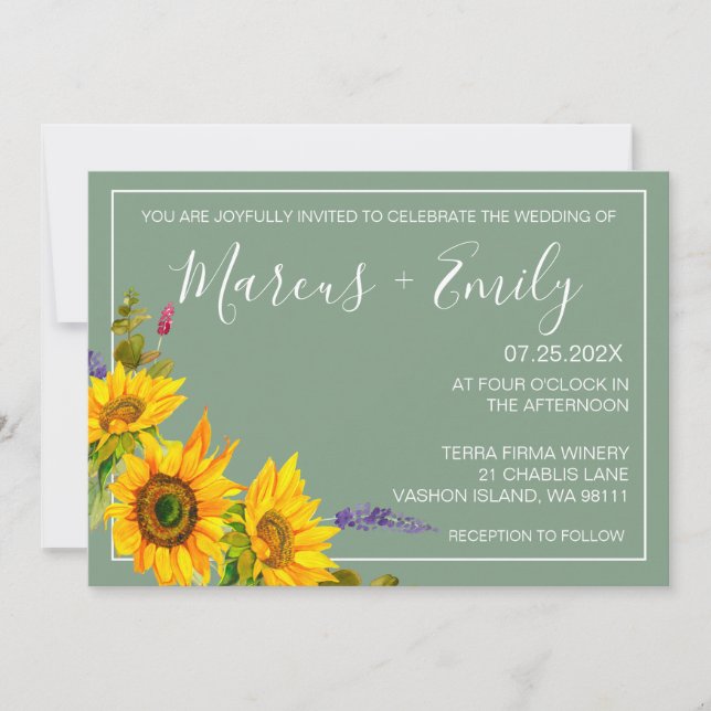 Los girasoles en la invitación a la boda verde (Anverso)