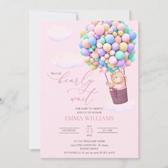 ¡Los globos del oso de la invitación de Baby Showe (Anverso)