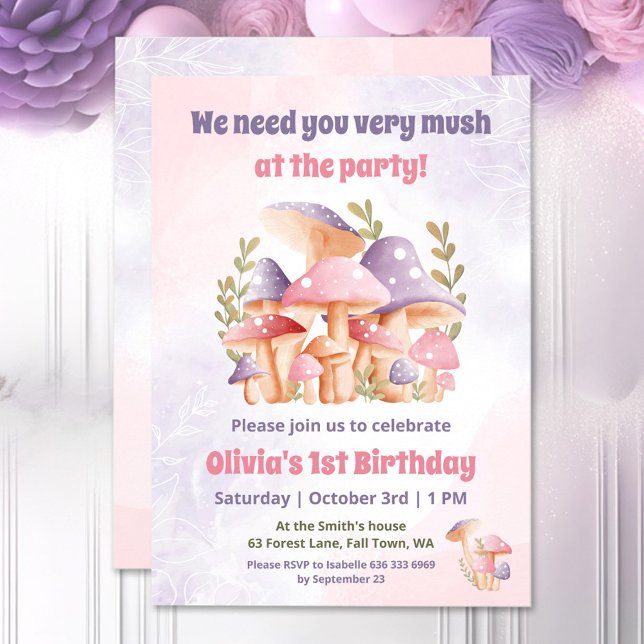 Los hongos morados rosados caen primera invitación (Pink Purple Mushrooms Fall 1st Birthday Invitation)