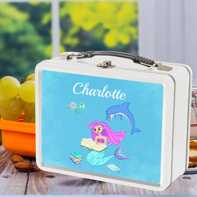 Los libros de lectura de las sirenas esparcen la p (Take a dip into imagination with our Sparkling Mermaid Reading Books Personalized Metal Lunch Box!)