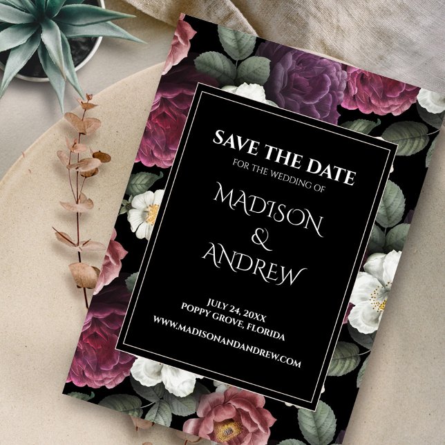 Los negros modernos y los borgoñones salvan la fec (Modern Black and Burgundy Peonies Save the Date on neutral plate)