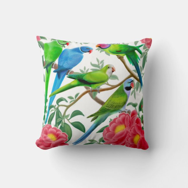 Los Parakeets en Peony florecen la almohada (Anverso)