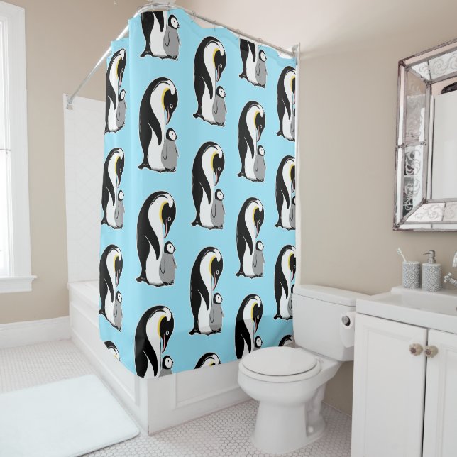 Los pingüinos modelan la cortina de ducha azul (In situ)