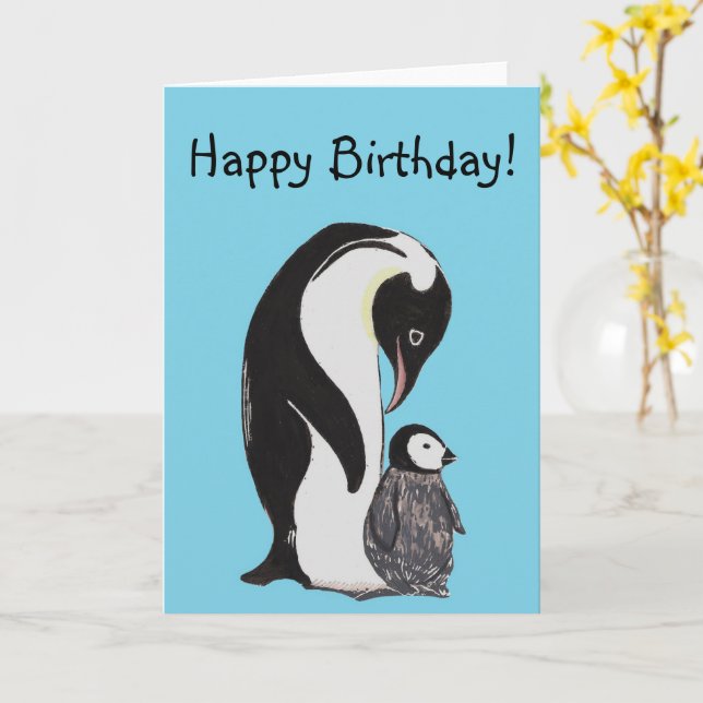 ¡Los pingüinos son felices cumpleaños! Tarjeta (flor amarilla)