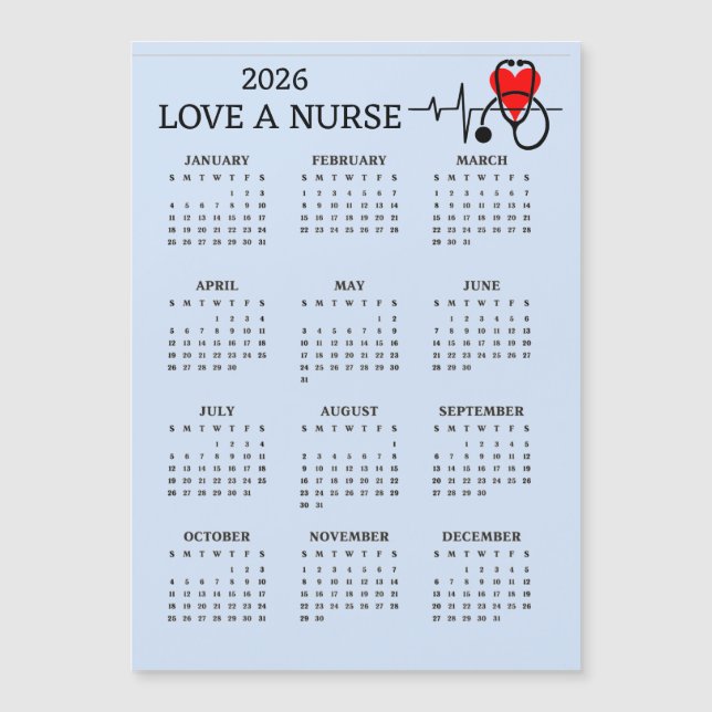 Love a Nurse 2026 Calendar Magnetic Card (Anverso)