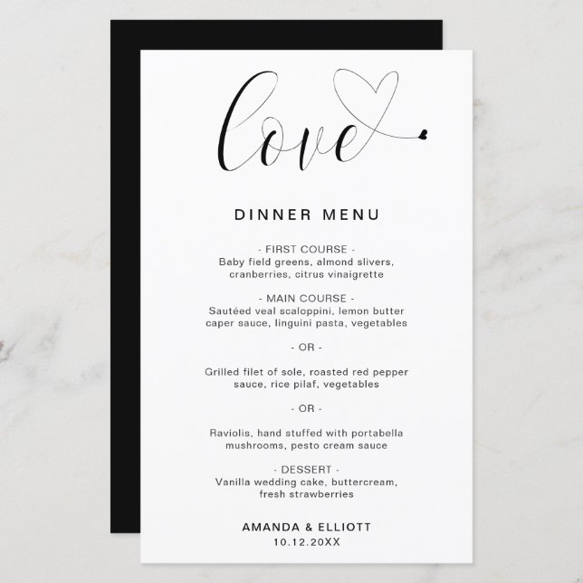 Love Heart Simple Modern Boda Menu (Anverso / Reverso)
