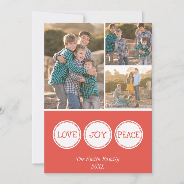 Love Joy Peace | Tarjeta de tres Navidades fotográ (Anverso)