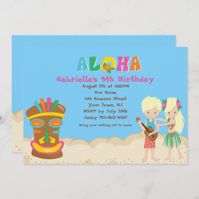 Luau con los niños y la invitación del cumpleaños (Anverso / Reverso)