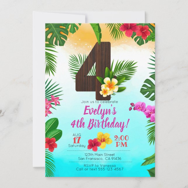 Luau Cumpleaños, Invitación Fiesta Luau Cuarto Cum (Anverso)