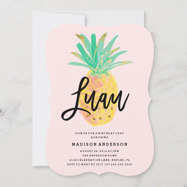 Luau en invitación de partido rosado (Anverso)