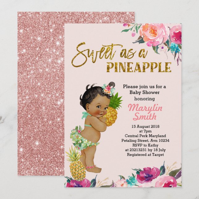 Luau fiesta rosa de oro piña piña tarjeta de ducha (Anverso / Reverso)