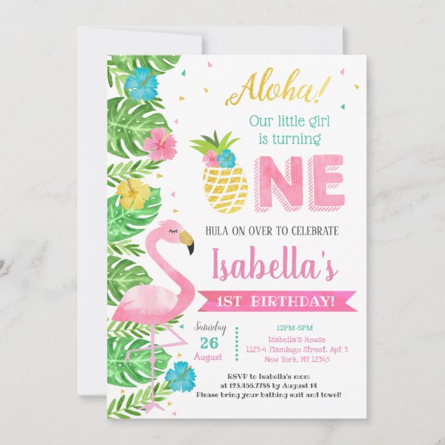  Luau Flamingo Tropical Invitaciones de cumpleaños (Anverso)