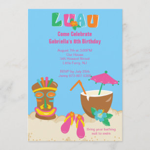Luau Tiki en la invitación de cumpleaños a la play