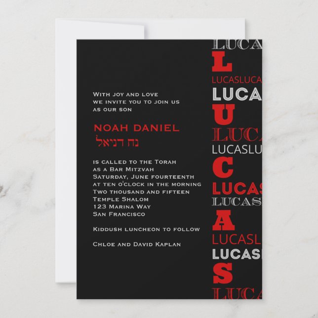 Lucas Guay Modern Bar Mitzvah Invitación Red Black (Anverso)
