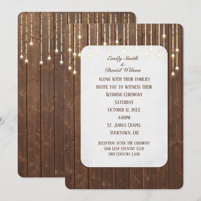 Luces bodas Sobre Invitación A La Madera De Barn (Anverso / Reverso)