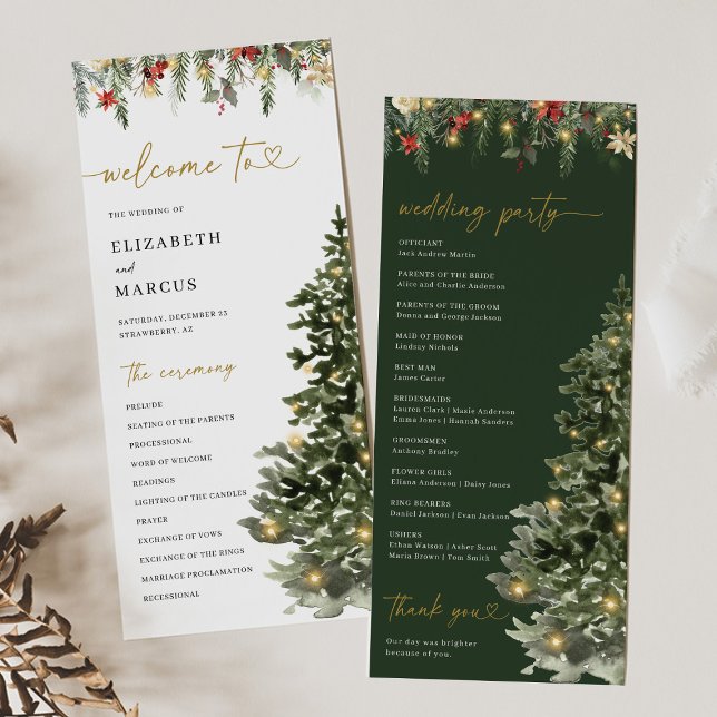 Luces de árbol de Navidad Programa de boda de pino (Christmas wedding program with watercolor pine tree and winter greenery, elegant holiday ceremony)