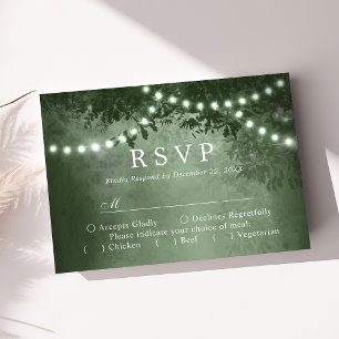 Luces de árbol rústico verde RSVP boda bosque