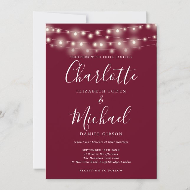 Luces de Cadena Burgundy Elegante Invitación de Bo (Anverso)