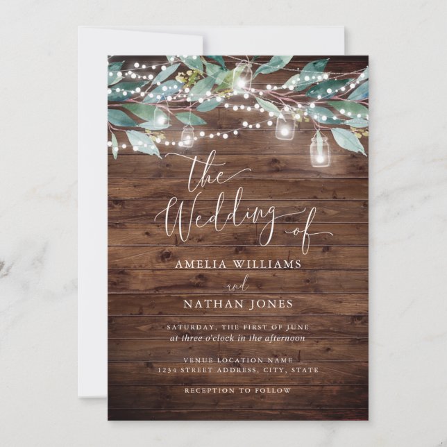 Luces de cadena de hoja rústica Invitación de boda (Anverso)