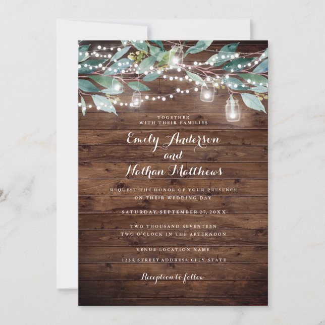 Luces de cadena de hoja rústica Invitación de boda (Anverso)