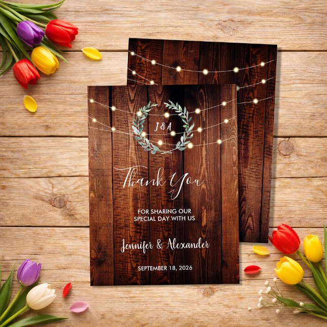 Luces de cadena de hojas rústicas Tarjeta de agrad (Rustic leaves string lights Thank you wedding card. Beautiful card to say thank you to your guests.)