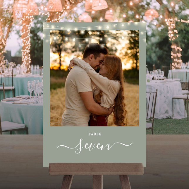 Luces de Cadena Verde Salvia Número de Mesa de Fot (Sage Green String Lights Photo Table Number)