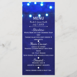 Luces de Cuerda Azules Rústicas Menú de Boda Elega