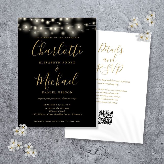 Luces de Cuerda Invitación Boda Código QR Negro Do (String Lights Script Black Gold QR Code Wedding Invitation)