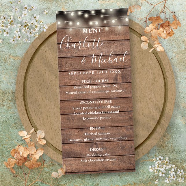 Luces de Cuerda Menú de Boda de Madera Rústica (String Lights Rustic Wood Wedding Menu)