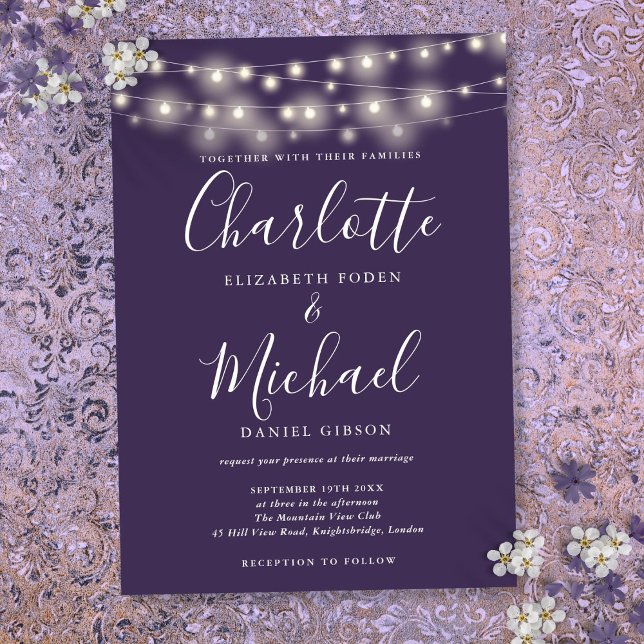 Luces de Cuerda Moradas Elegante Invitación de Bod (String Lights Purple Elegant Script Wedding Invitation)