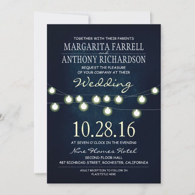 Luces de cuerda románticas invitaciones de boda de (Anverso)
