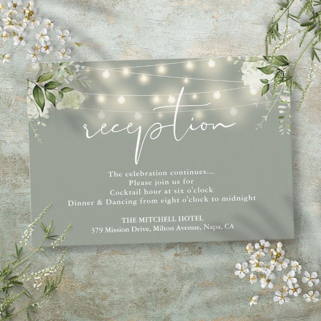 Luces de Cuerda Verde Salvia para Recepción de Bod (Sage Green String Lights Floral Wedding Reception Enclosure Card)