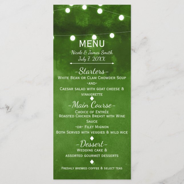 Luces de Cuerda Verdes Rústicas Menú de Boda Elega (Anverso)