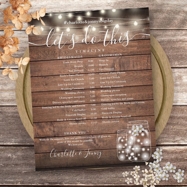 Luces de Cuerdas de Madera Rústica Programa de Bod (Rustic Wood String Lights Wedding Program Timeline)