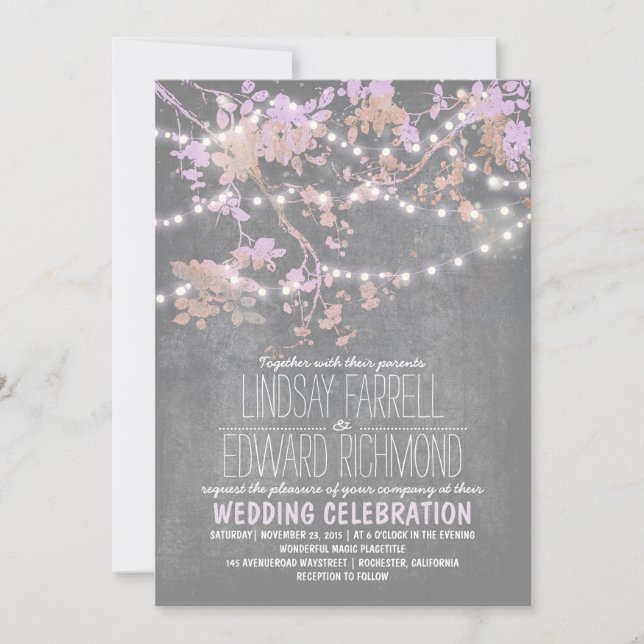 Luces de cuerdas invitaciones de boda lindas y ele (Anverso)