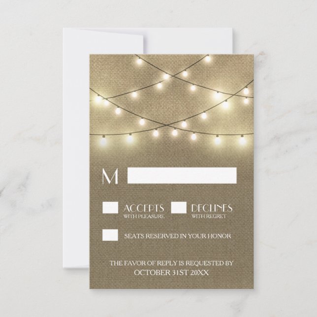 Luces de cuerdas + Tarjetas RSVP de boda de Burlap (Anverso)