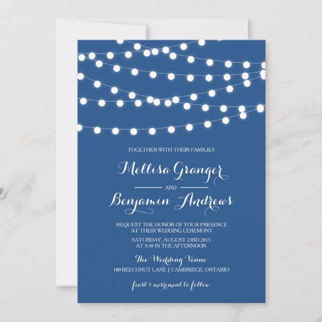 Luces de hadas blancas | Invitación a la boda azul (Anverso)